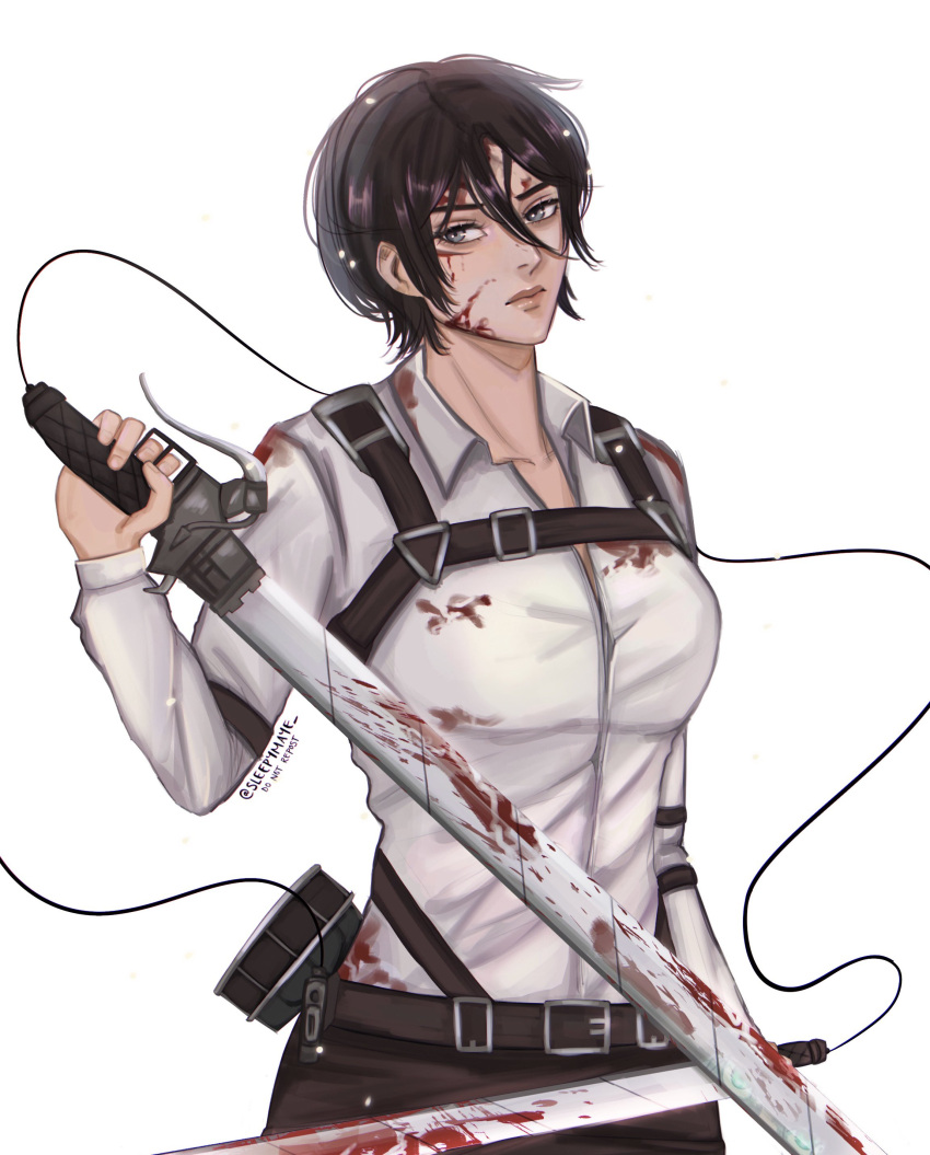 absurdres black_hair blood closed_mouth gears highres holding holding_weapon long_sleeves looking_at_viewer mikasa_ackerman serious shingeki_no_kyojin shirt short_hair simple_background sword twitter_username weapon white_background white_shirt