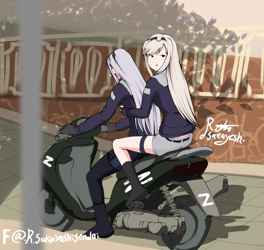 ak-12_(girls'_frontline) an-94_(girls'_frontline) artist_name bangs black_gloves black_hairband blonde_hair day english_commentary expressionless facebook_username fingerless_gloves girls_frontline gloves ground_vehicle hairband highres holding_to_chest jacket long_hair long_sleeves looking_at_viewer looking_back motor_vehicle multiple_girls outdoors parted_lips riding sakayashisendai scooter sidelocks silver_hair z_(russian_symbol)