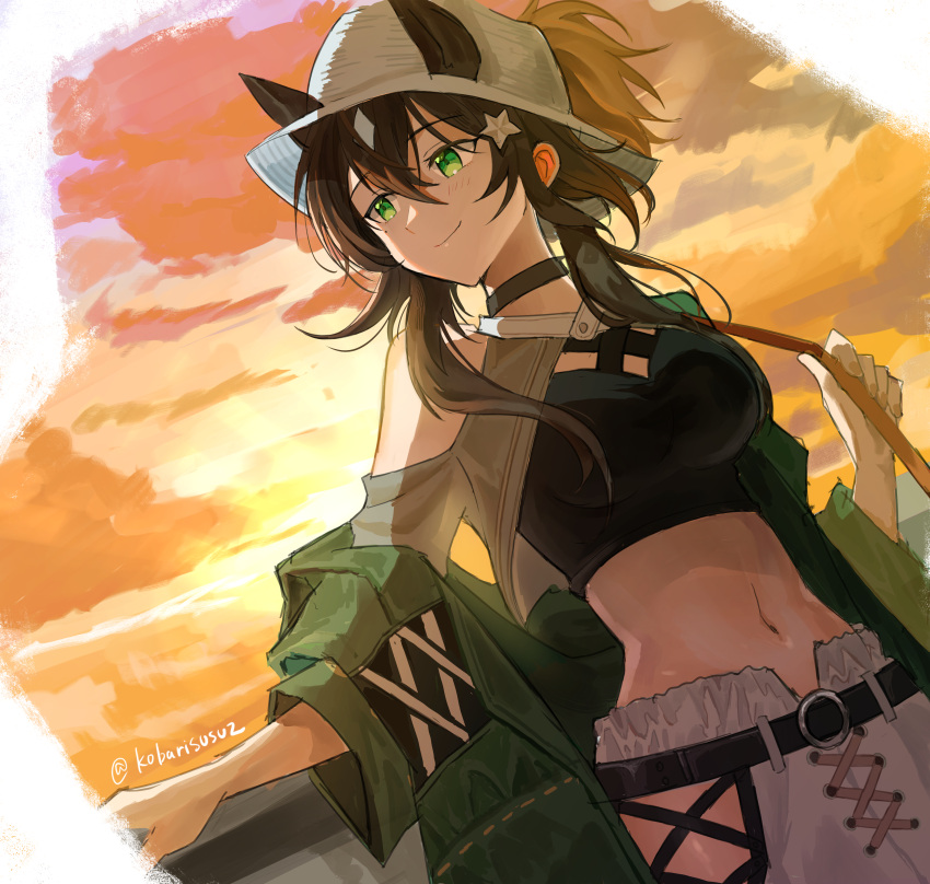 1girl absurdres animal_ears arknights backlighting bangs bare_shoulders belt belt_buckle black_choker blush breasts brown_hair buckle choker closed_mouth coat commentary_request crop_top ears_through_headwear evening eyebrows_visible_through_hair green_coat green_eyes green_hair hair_between_eyes hair_ornament highres horse_ears kobarisusuz long_hair long_sleeves looking_away looking_to_the_side medium_breasts meteor_(arknights) meteor_(bard's_holiday)_(arknights) multicolored_hair navel off_shoulder official_alternate_costume open_clothes open_coat orange_sky outdoors pants short_ponytail sidelocks sky smile solo star_(symbol) star_hair_ornament stomach sunlight sunset twitter_username two-tone_hair white_headwear white_pants