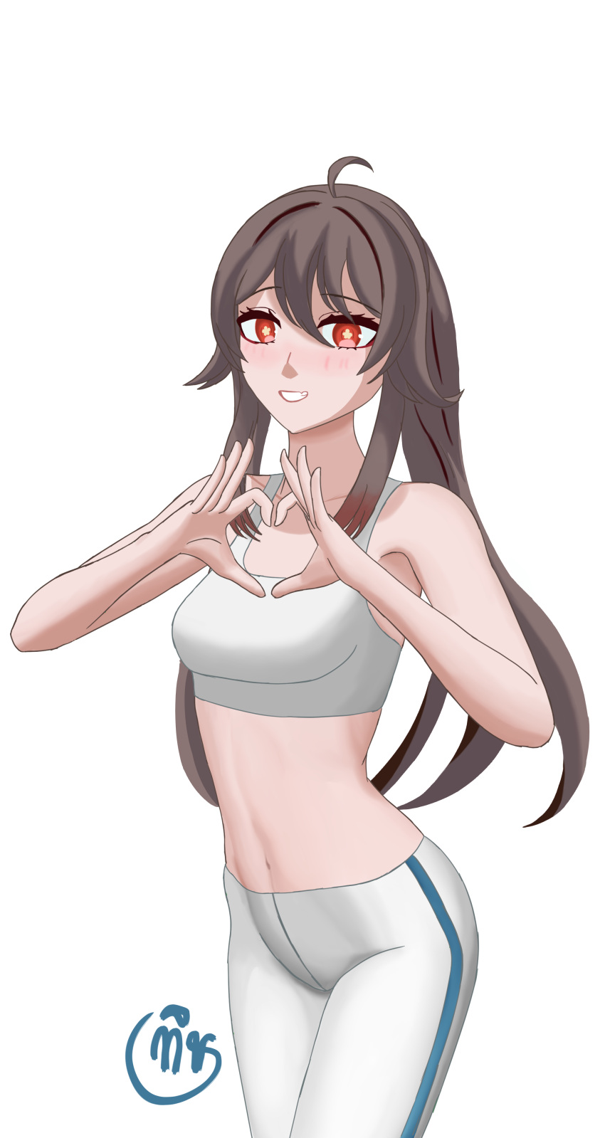 1girl absurdres alternate_costume bangs blush breasts brown_hair collarbone eyebrows_visible_through_hair feet_out_of_frame genshin_impact highres hu_tao_(genshin_impact) long_hair looking_at_viewer navel open_mouth pants red_eyes ribra21 small_breasts smile solo sports_bra standing teeth_hold white_background white_pants white_sports_bra yoga_pants