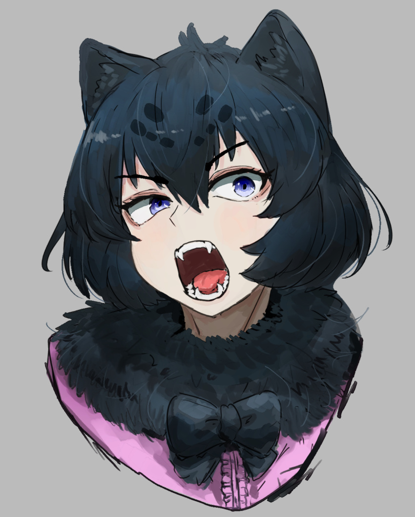 1girl adeshi_(adeshi0693119) animal_ears bangs black_bow black_bowtie black_hair black_jaguar_(kemono_friends) blue_eyes bow bowtie cat_ears commentary face fangs fur_trim grey_background highres kemono_friends looking_to_the_side open_mouth portrait short_hair simple_background solo teeth tongue uneven_eyes