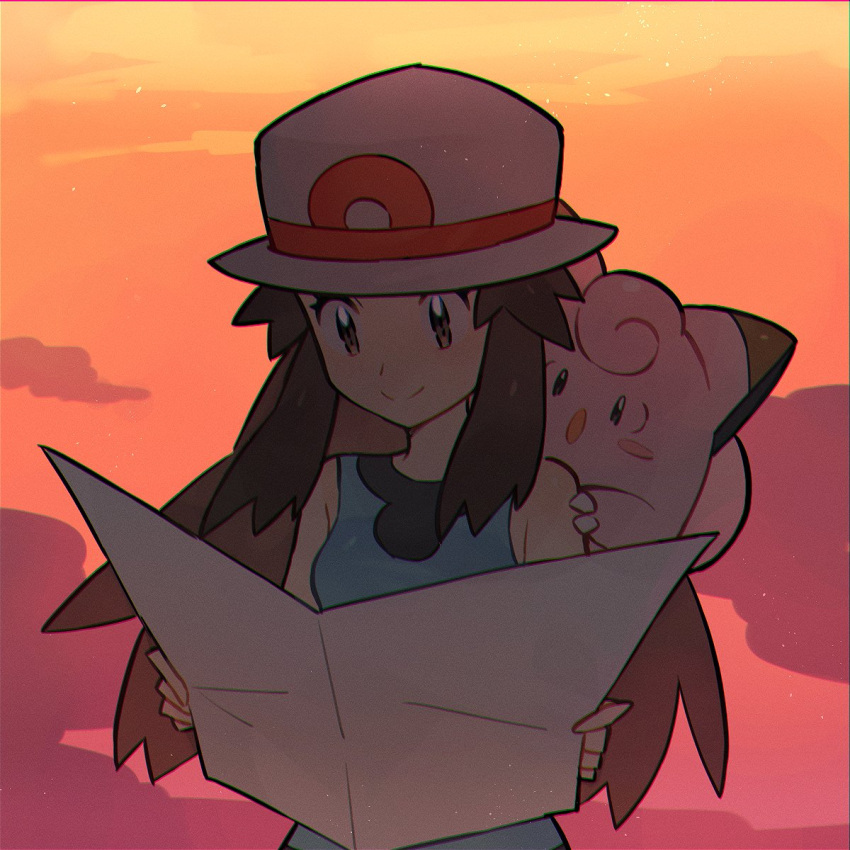 1girl blue_shirt brown_eyes brown_hair bucket_hat clefairy closed_mouth eyelashes hair_flaps hat highres holding leaf_(pokemon) long_hair looking_down outdoors pokemon pokemon_(creature) pokemon_(game) pokemon_frlg pokemon_on_back rata_(m40929) reading shirt sleeveless sleeveless_shirt smile symbol-only_commentary twilight white_headwear