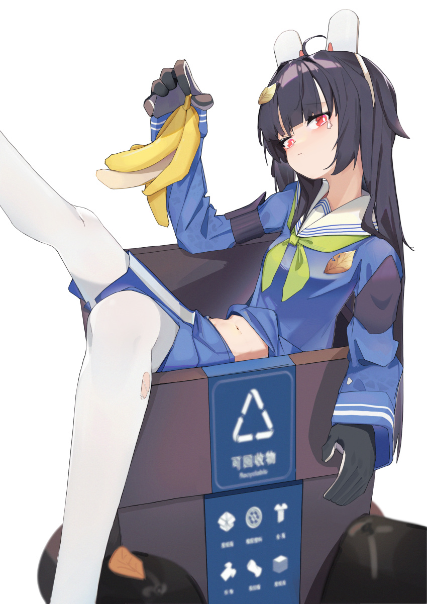 1girl absurdres angry animal_ears banana_peel bangs black_hair blue_archive blue_shirt blue_skirt eyebrows_visible_through_hair fake_animal_ears gloves hair_ornament highres leaf_hair_ornament long_hair long_sleeves looking_at_viewer miyu_(blue_archive) pantyhose red_eyes school_uniform serafuku shirt skirt solo trash_can verniy_(tony52911856) white_legwear