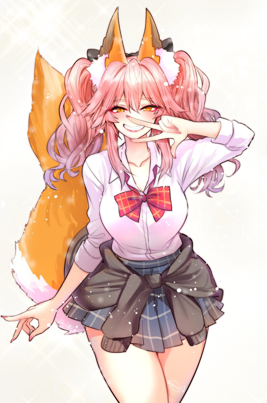 1girl animal_ears bangs blush commentary_request eyebrows_visible_through_hair fate/extra fate/grand_order fate_(series) fox_ears fox_girl hair_between_eyes highres lipstick looking_at_viewer makeup nail_polish shirt simple_background skirt smile solo tamamo_(fate) tamamo_no_mae_(fate/extra) thighs wisespeak yellow_eyes