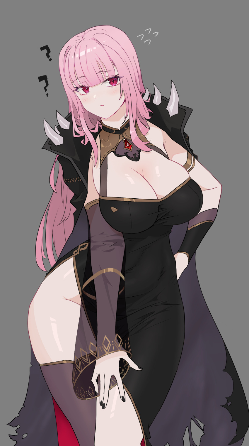 1girl ? absurdres bangs black_cape black_dress black_legwear black_nails breasts cape cleavage_cutout clothing_cutout detached_sleeves dress eyebrows_visible_through_hair grey_background head_tilt highres hololive hololive_english large_breasts long_hair looking_to_the_side mori_calliope pink_hair red_eyes single_detached_sleeve single_thighhigh solo spikes suichan_recorder_dorobo thigh-highs virtual_youtuber wide_hips