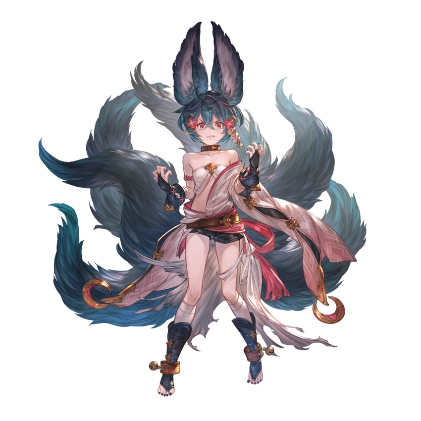 1girl animal_ears black_footwear black_gloves black_shorts breasts clenched_teeth collar cuffs dark_blue_hair fingerless_gloves gloves granblue_fantasy hadanugi_dousa hair_between_eyes hair_ornament hands_up kneehighs looking_at_viewer minaba_hideo multiple_tails official_art red_eyes shackles shirt short_hair short_shorts shorts simple_background small_breasts solo standing strapless strapless_shirt tail teeth third-party_source toeless_footwear transparent_background white_legwear white_shirt you_(granblue_fantasy)
