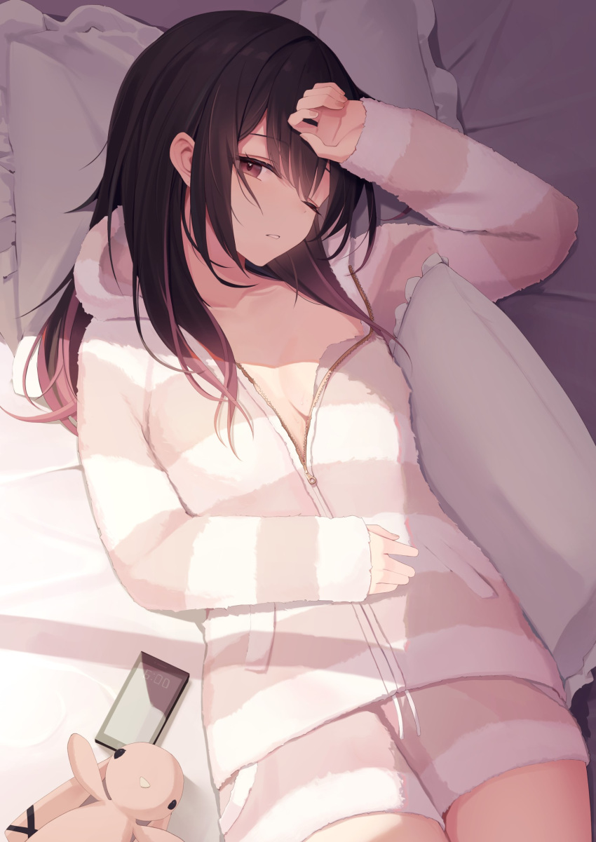 1girl absurdres arm_across_chest arm_up bangs bed black_hair breasts brown_eyes cellphone commentary_request eyebrows_visible_through_hair highres long_hair looking_at_viewer lying mizu_(lzzrwi603) multicolored_hair on_back on_bed one_eye_closed original pajamas parted_lips phone pillow small_breasts smartphone solo streaked_hair striped striped_pajamas stuffed_animal stuffed_toy