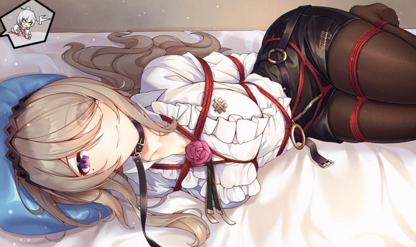 2girls bdsm black_legwear bondage bound breasts brown_hair collarbone commentary_request crotch_rope eyebrows_visible_through_hair eyes_visible_through_hair flower frilled_shirt frills hair_over_one_eye highres honkai_(series) honkai_impact_3rd large_breasts leash long_hair looking_at_viewer lying mole mole_under_eye multiple_girls official_alternate_costume on_side pantyhose red_eyes red_flower red_rose restrained rita_rossweisse rita_rossweisse_(fallen_rosemary) rose shibari shirt theresa_apocalypse_(starlit_astrologos) thighs yiduan_zhu zhuge_kongming_(honkai_impact)