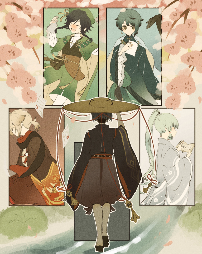 1girl 4boys absurdres bangs beret black_hair blue_hair book braid cape cherry_blossoms closed_eyes closed_mouth commentary_request frilled_sleeves frills genshin_impact grey_hair hat highres holding holding_book japanese_clothes jingasa kaedehara_kazuha kamisato_ayaka kimono leaf_print long_hair long_sleeves monocle multiple_boys official_alternate_costume open_mouth paper petals ryu_genshin77 scaramouche_(genshin_impact) sidelocks silver_hair tassel twin_braids venti_(genshin_impact) very_long_hair wide_sleeves xingqiu_(genshin_impact)