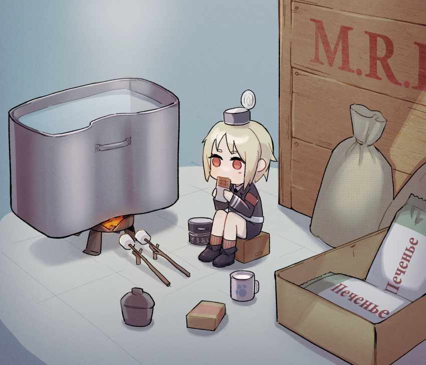 1girl armband blonde_hair brown_eyes brown_legwear can candy canned_food chibi chocolate chocolate_bar cooking crate cup eating fire food gegesenseilove girls_frontline highres marshmallow mp40_(girls'_frontline) mug russian_text sack shoes shorts solo stick