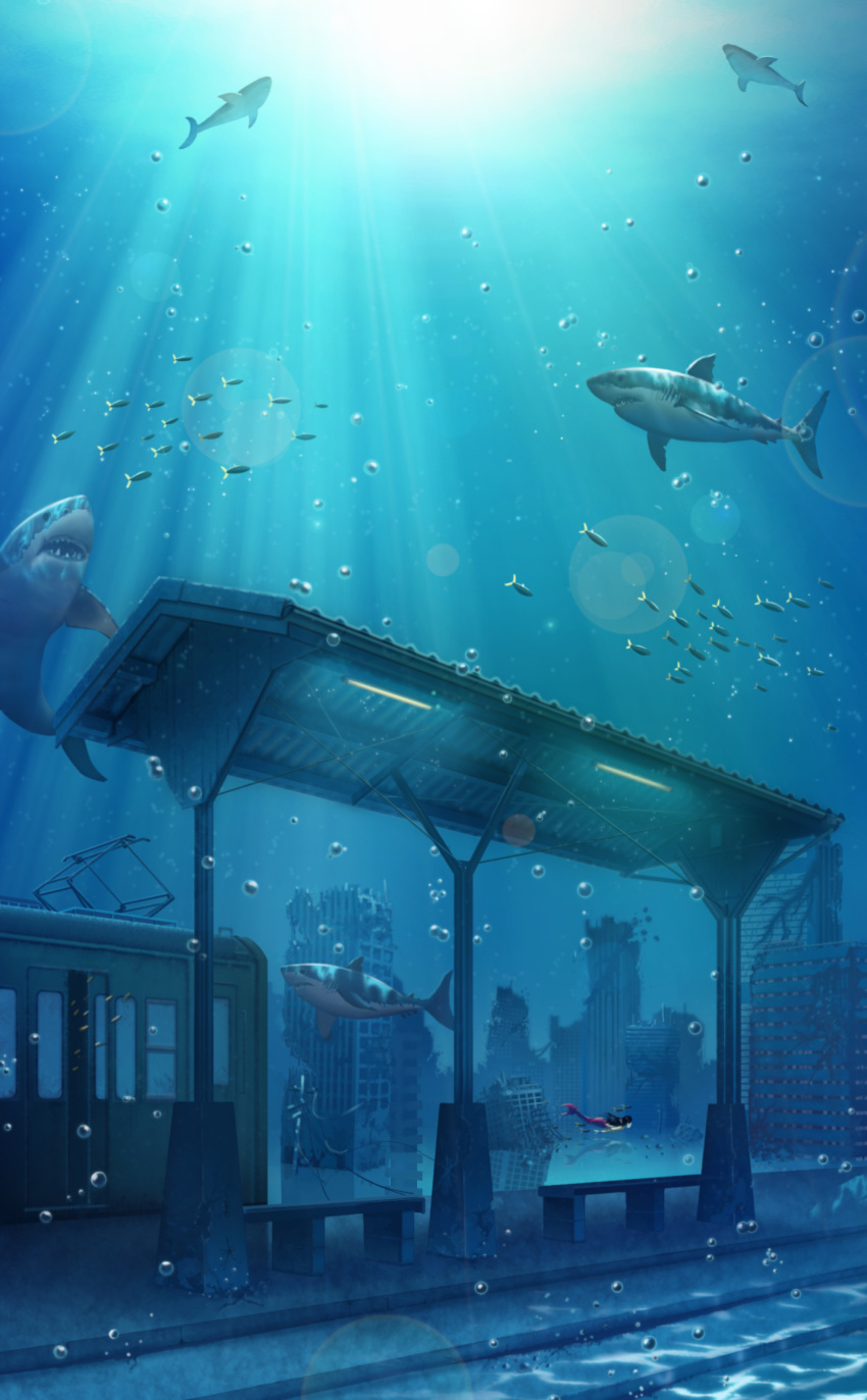 1girl air_bubble bubble building ceiling_light commentary_request fish ground_vehicle highres mermaid monster_girl original photoshop_(medium) power_lines ruins scenery shark skyscraper solo taka_(cknwurn9) train train_station underwater utility_pole wide_shot