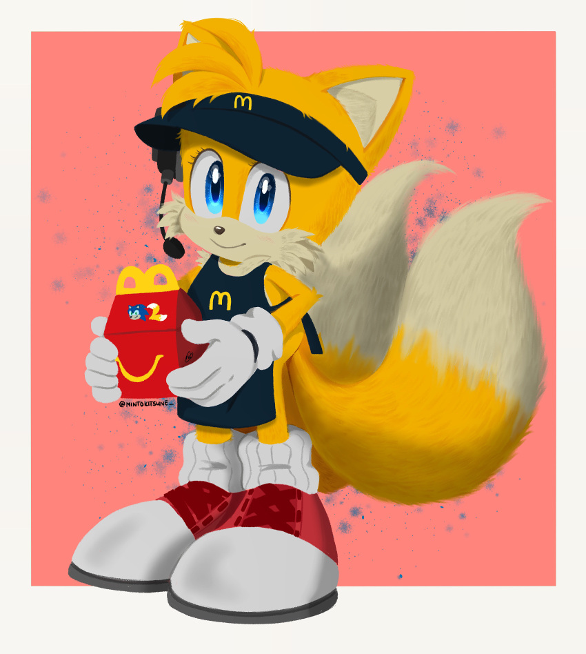1boy animal animal_ears animal_nose blue_eyes box canine commentary container employee_uniform english_commentary eyelashes fast_food fast_food_uniform fox_boy fox_ears fox_tail furry furry_male gloves happy_meal highres looking_at_viewer male_focus mammal mcdonald's mintokitsune multiple_tails no_humans pink_background red_footwear sega shoes smile sneakers sonic_(series) sonic_team sonic_the_hedgehog_2_(film) tail tails_(sonic) two_tails uniform white_gloves