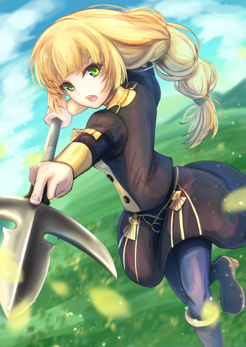 1girl blonde_hair blue_legwear blue_sky braid braided_ponytail buttons clouds commentary_request day eyebrows_visible_through_hair fire_emblem fire_emblem:_three_houses garreg_mach_monastery_uniform grass green_eyes highres holding holding_polearm holding_weapon ingrid_brandl_galatea leaf long_hair long_sleeves looking_at_viewer open_mouth ouna_harukaze outdoors pantyhose polearm single_braid sky solo spear uniform very_long_hair weapon