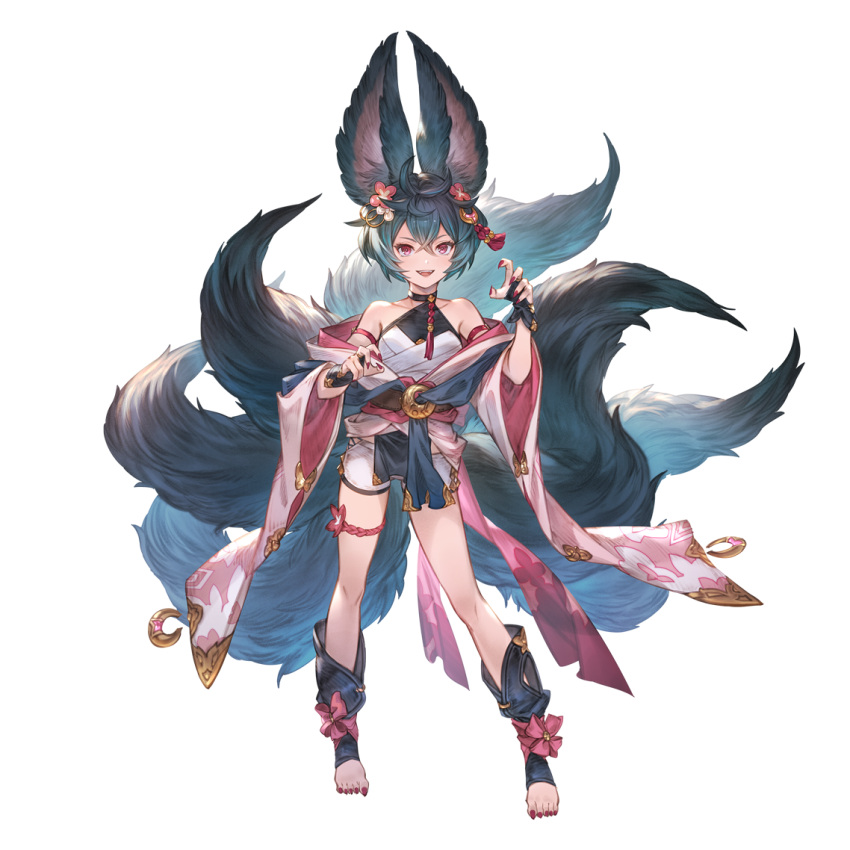 1girl animal_ears bangs black_gloves breasts dark_blue_hair fingerless_gloves fingernails gloves granblue_fantasy hair_between_eyes hair_ornament hands_up looking_at_viewer minaba_hideo multiple_tails official_art open_mouth red_eyes red_nails sharp_fingernails sharp_toenails short_hair short_shorts shorts simple_background small_breasts solo standing tail thigh_strap third-party_source toeless_footwear toenails transparent_background white_shorts wide_sleeves you_(granblue_fantasy)