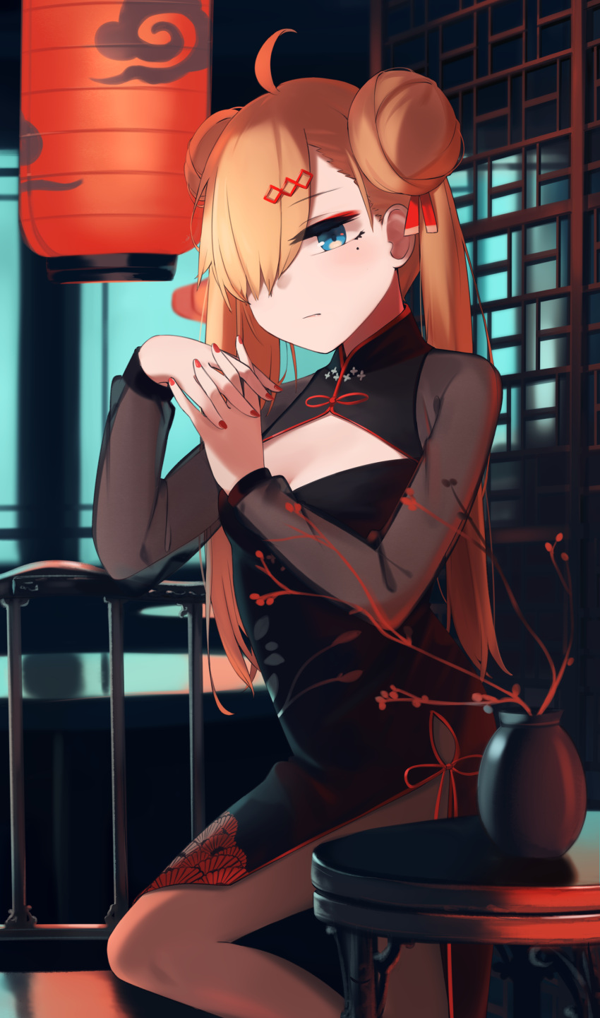 1girl absurdres bangs black_dress black_legwear blonde_hair blue_eyes breasts china_dress chinese_clothes closed_mouth double_bun dress eyebrows_visible_through_hair feet_out_of_frame girls_frontline hair_between_eyes hair_ornament hair_over_one_eye hairclip highres hinami047 lamp long_hair long_sleeves looking_at_viewer mg36_(girls'_frontline) mg36_(scarlet_turk's_cap)_(girls'_frontline) mole mole_under_eye nail_polish official_alternate_costume pantyhose red_nails solo standing table