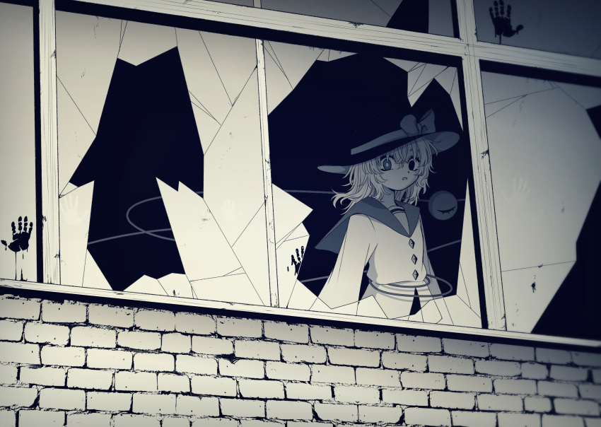1girl absurdres bad_id bad_pixiv_id blouse bow broken_window buttons collared_shirt diamond_button eyebrows_behind_hair greyscale hair_between_eyes hand_print hat hat_bow highres komeiji_koishi long_hair looking_at_viewer looking_outside mismatched_pupils monochrome parted_lips safe3133 shirt solo symbol-only_commentary third_eye touhou window