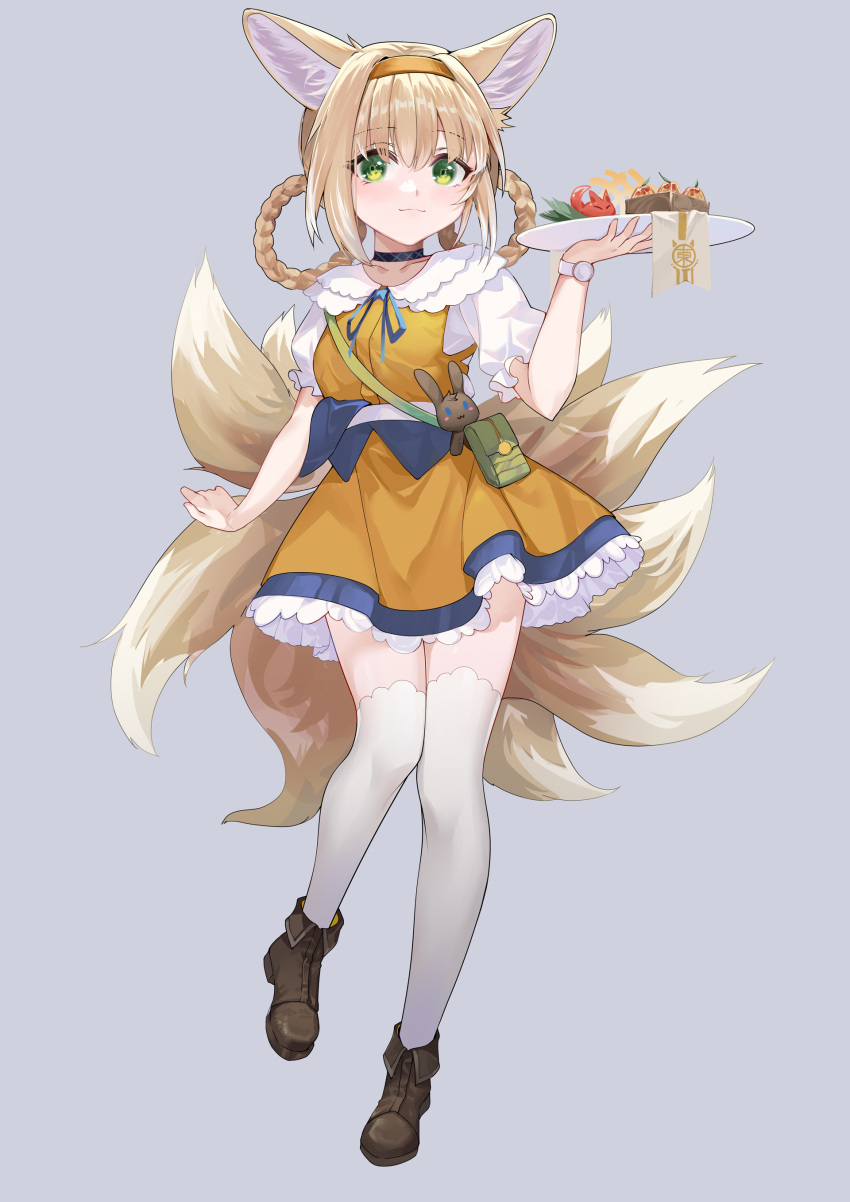 1girl absurdres animal_ear_fluff animal_ears arknights bangs black_choker blonde_hair blue_ribbon boots braid brown_footwear brown_hairband choker closed_mouth collarbone collared_shirt commentary_request dress eyebrows_visible_through_hair food fox_ears fox_girl fox_tail full_body green_eyes grey_background hair_between_eyes hair_rings hairband hand_up highres holding holding_plate hongbaise_raw kyuubi multiple_tails neck_ribbon orange_dress plate puffy_short_sleeves puffy_sleeves ribbon shirt short_sleeves simple_background sleeveless sleeveless_dress smile solo standing standing_on_one_leg suzuran_(arknights) tail thigh-highs thighhighs_under_boots twin_braids white_legwear white_shirt