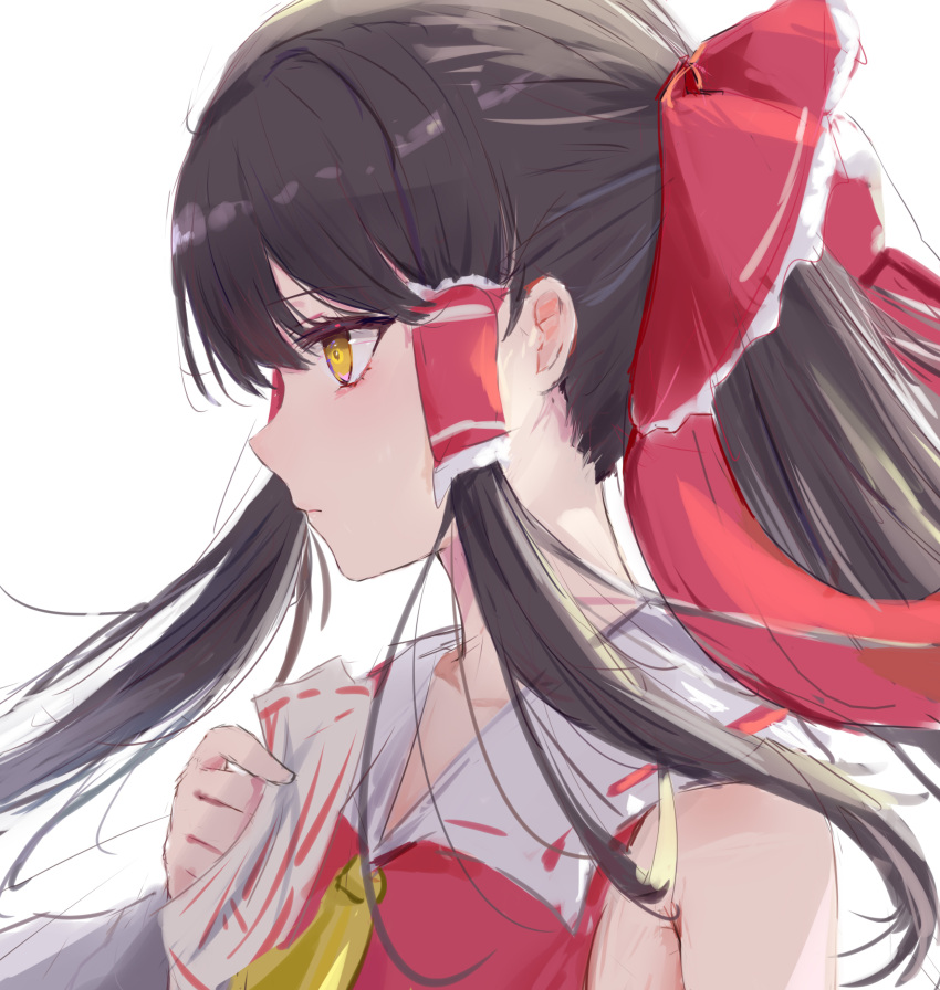 1girl absurdres ascot bare_shoulders bow brown_hair collar floating_hair from_side hair_bow hair_tubes hakurei_reimu hand_up highres holding long_hair lshiki nontraditional_miko profile red_bow red_shirt shirt simple_background sleeveless solo talisman touhou upper_body white_background white_collar yellow_ascot yellow_eyes