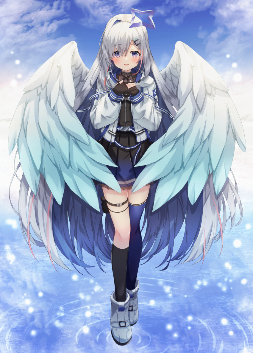 1girl absurdres amane_kanata angel angel_wings ankle_boots aqua_wings asymmetrical_legwear bangs belt black_dress black_gloves black_ribbon blue_hair blue_legwear blue_ribbon blue_sky blue_wings blush boots clouds colored_inner_hair day dress eyelashes feathered_wings feathers full_body gloves gradient gradient_clothes gradient_dress gradient_wings hair_down hair_ornament hair_over_one_eye hairclip halo hands_up hat highres hololive hood hood_down hooded_jacket jacket jewelry kneehighs light_particles long_hair long_sleeves multicolored_hair multicolored_wings neck_ribbon necklace official_alternate_costume open_clothes open_jacket own_hands_together parted_lips partially_fingerless_gloves pink_hair pleated_dress puffy_long_sleeves puffy_sleeves ribbon ripples short_dress silver_hair single_hair_intake single_kneehigh single_thighhigh sky smile solo standing streaked_hair swept_bangs thigh-highs thigh_strap very_long_hair violet_eyes virtual_youtuber w_arms water white_footwear white_jacket white_wings wings yukikawa_sara zipper zipper_pull_tab