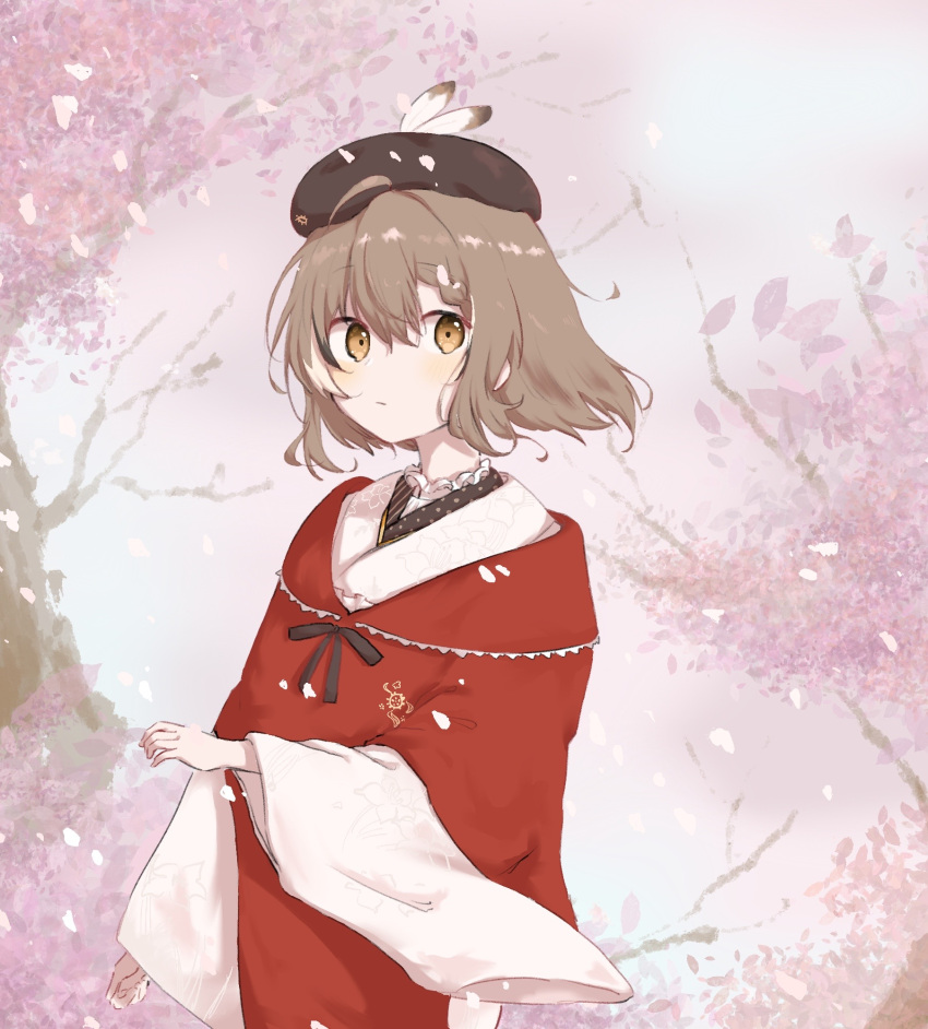 1girl bangs beret brown_eyes brown_hair cherry_blossoms embroidery feathers floral_print hat highres hololive hololive_english japanese_clothes kimono looking_at_viewer multicolored_hair nanashi_mumei official_alternate_costume pink_background print_kimono red_shawl rei931218 small_hands solo streaked_hair virtual_youtuber white_kimono wide_sleeves
