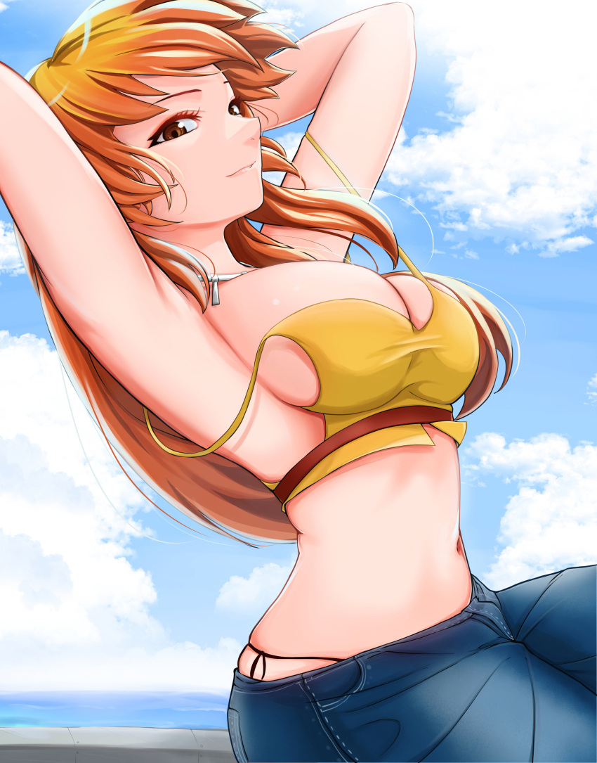 1girl absurdres arched_back armpits arms_behind_head bangs blue_sky breasts brown_eyes clouds crop_top day denim highres jeans jewelry joy_(shenmue) large_breasts long_hair looking_at_viewer midriff navel necklace orange_hair outdoors panties pants panty_peek poolpool shenmue shenmue_ii shenmue_the_animation shirt sitting sky sleeveless solo strap_slip underwear yellow_shirt