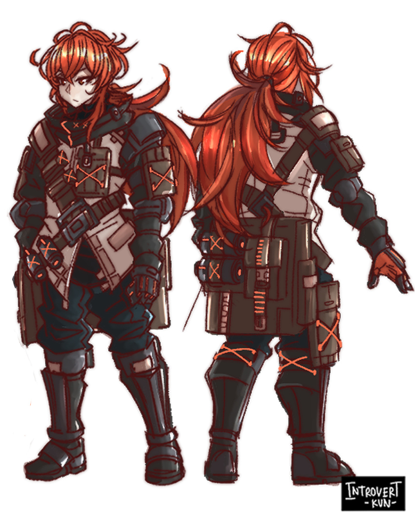 1boy alternate_costume armor artist_name bag bangs belt boots character_sheet diluc_(genshin_impact) genshin_impact gloves harness highres introvert-kun long_hair low-tied_long_hair red_eyes redhead scarf shoulder_armor tactical_clothes