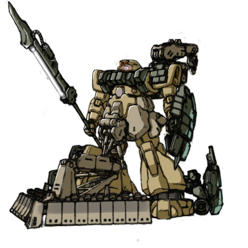 arm_blade bulldozer cable camouflage concept_art desert_camouflage dom dom_minesweeper dom_tropen gundam highres labombardier! mecha mecha_focus mobile_suit mobile_suit_gundam one-eyed original piston plow reactive_armor redesign robot science_fiction shield sketch weapon white_background