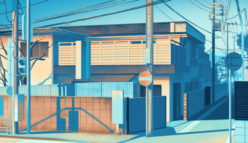 blue_sky blue_theme building commentary_request hakuurei_amano highres house no_entry_sign no_humans original outdoors power_lines road road_sign scenery shadow sign sky street tree utility_pole window