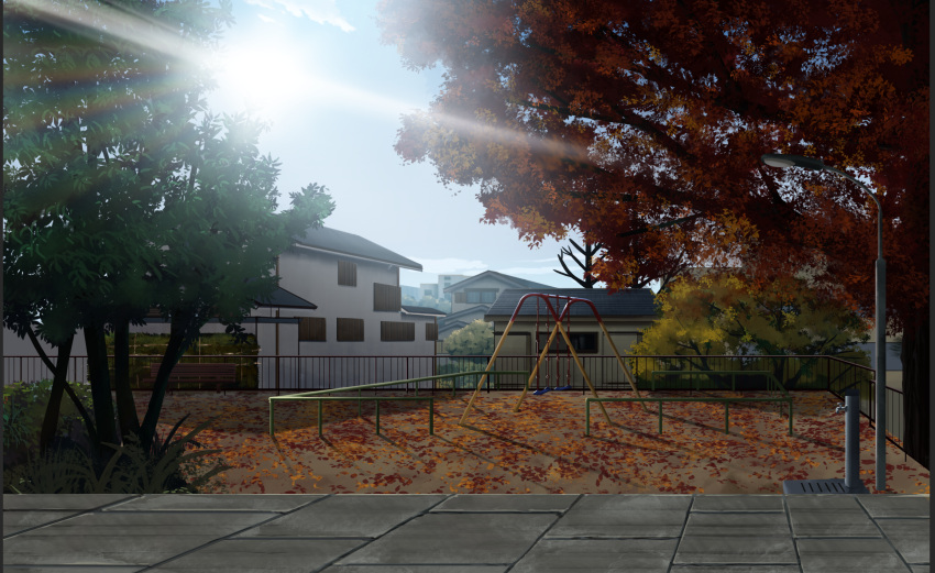 autumn autumn_leaves bench blue_sky building bush clouds highres house kiseki_(cblyc) lamppost leaf no_humans original outdoors park playground scenery sky swing tree