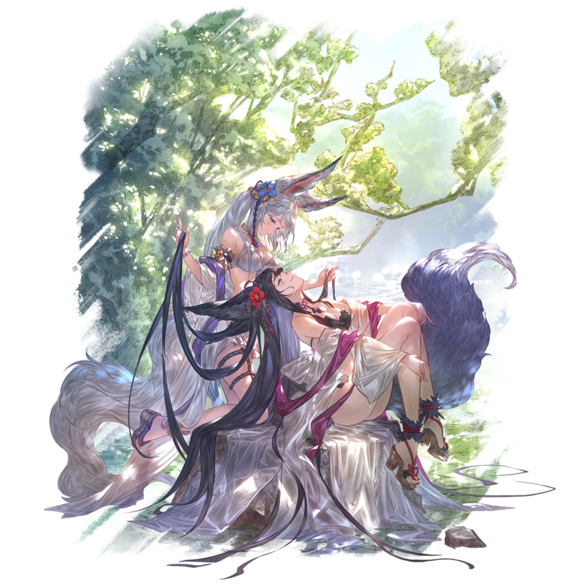 2girls animal_ears arm_garter black_hair blue_flower branch breasts closed_eyes closed_mouth day erune facing_another flower fox_ears fox_girl fox_tail granblue_fantasy hands_up hibiscus high_heels holding_another's_hair kneeling knees_up long_hair looking_at_another medium_breasts minaba_hideo multiple_girls official_art outdoors red_flower shawl simple_background sitting smile societte_(granblue_fantasy) sunlight tail third-party_source transparent_background very_long_hair white_hair yuel_(granblue_fantasy) yuri