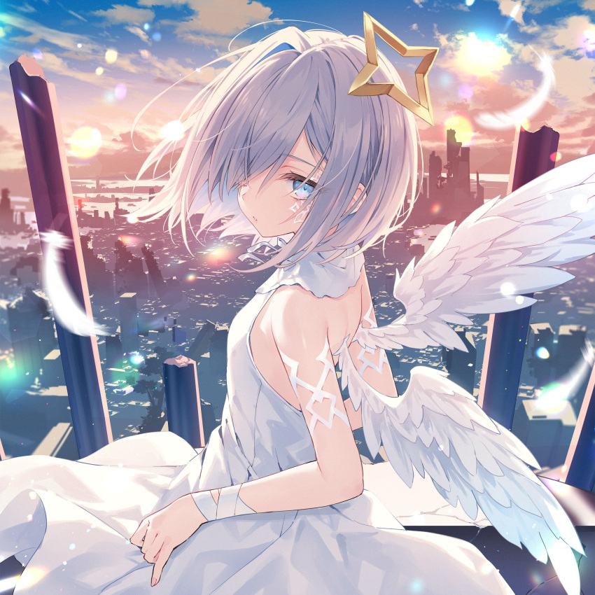 1girl absurdres amane_kanata angel_wings backless_dress backless_outfit banned_artist bare_shoulders blue_eyes day dress expressionless facial_mark feathered_wings from_behind hair_ornament hair_over_one_eye highres hololive looking_at_viewer looking_back outdoors rurudo short_hair sleeveless sleeveless_dress solo sunlight virtual_youtuber white_dress white_hair wings