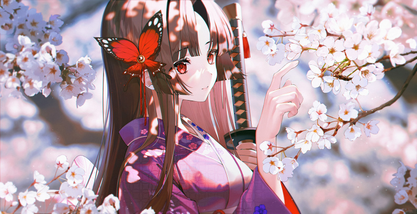1girl bangs blurry blurry_background breasts brown_hair butterfly_hair_ornament closed_mouth copyright_request eyebrows_visible_through_hair floral_print flower_request hair_ornament hands_up highres holding holding_sword holding_weapon japanese_clothes katana kimono kinty long_hair long_sleeves medium_breasts multicolored_clothes multicolored_kimono parted_bangs pink_kimono red_eyes shiny shiny_hair solo sword weapon