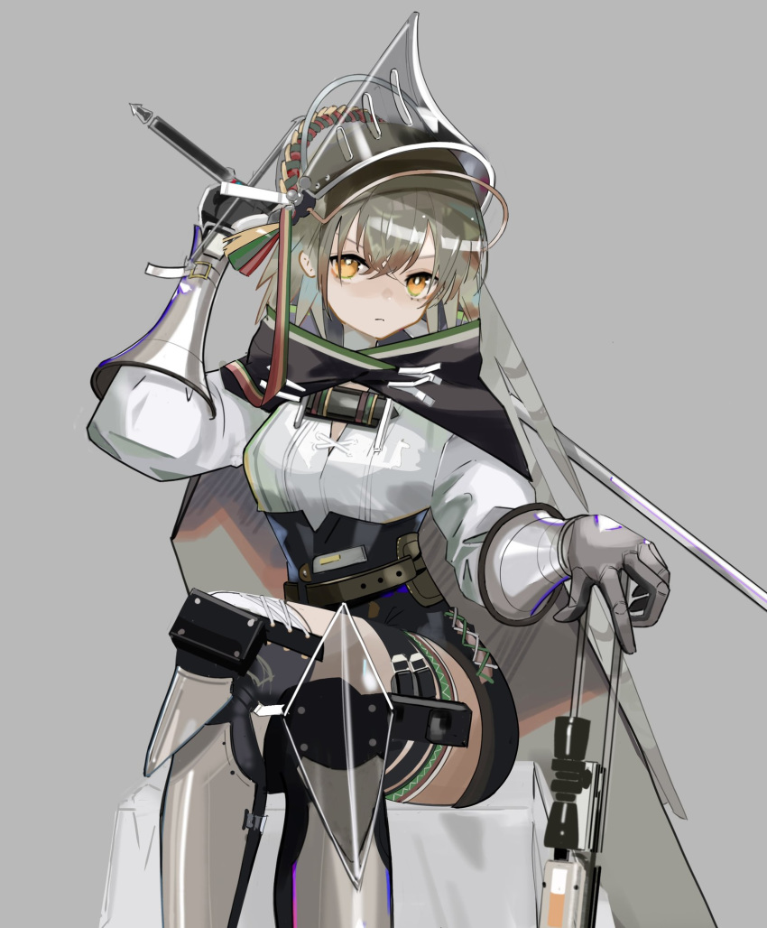 1girl arknights arm_up armored_boots bangs black_cape black_shorts boots breasts bright_pupils brown_hair cape crossed_legs enne_kl eyebrows_visible_through_hair fartooth_(arknights) feather_trim feet_out_of_frame gauntlets grey_background grey_footwear high-waist_shorts highres holding holding_sword holding_weapon knee_boots knee_pads long_hair looking_at_viewer medium_breasts orange_eyes shirt shorts simple_background solo sword thigh_strap v-shaped_eyebrows very_long_hair visor_(armor) weapon white_shirt