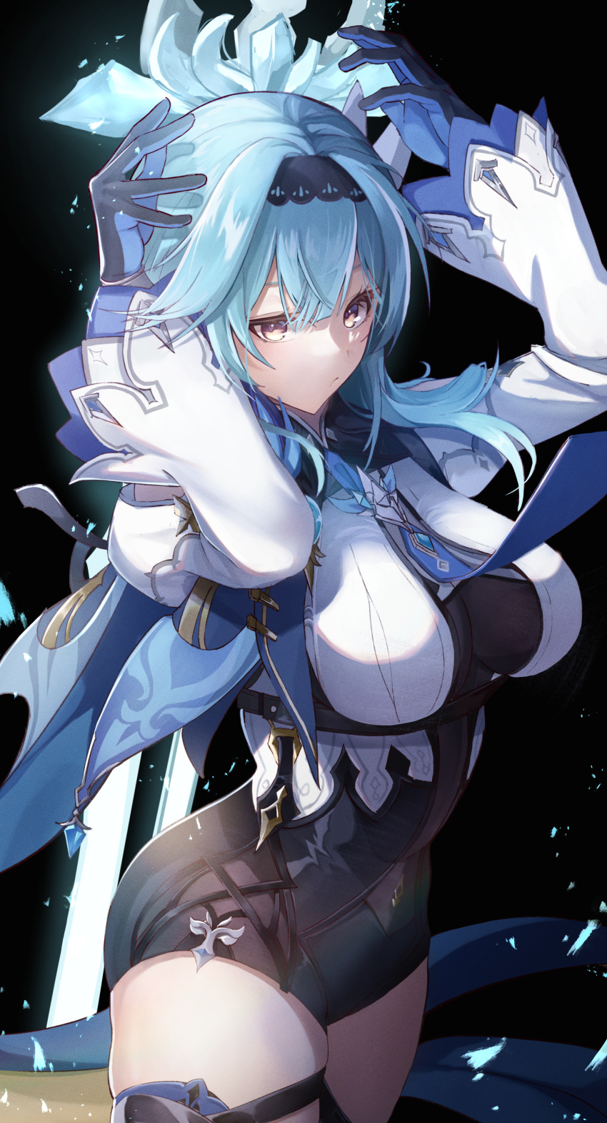 1girl absurdres arms_up asymmetrical_hair black_gloves black_hairband black_leotard blue_gloves blue_hair blue_necktie breasts closed_mouth cowboy_shot crystal_sword eula_(genshin_impact) from_side genshin_impact gloves hairband highres ice large_breasts leotard long_sleeves megu_(pixiv9460065) necktie shirt solo sword thighs two-tone_gloves weapon weapon_on_back white_shirt yellow_eyes