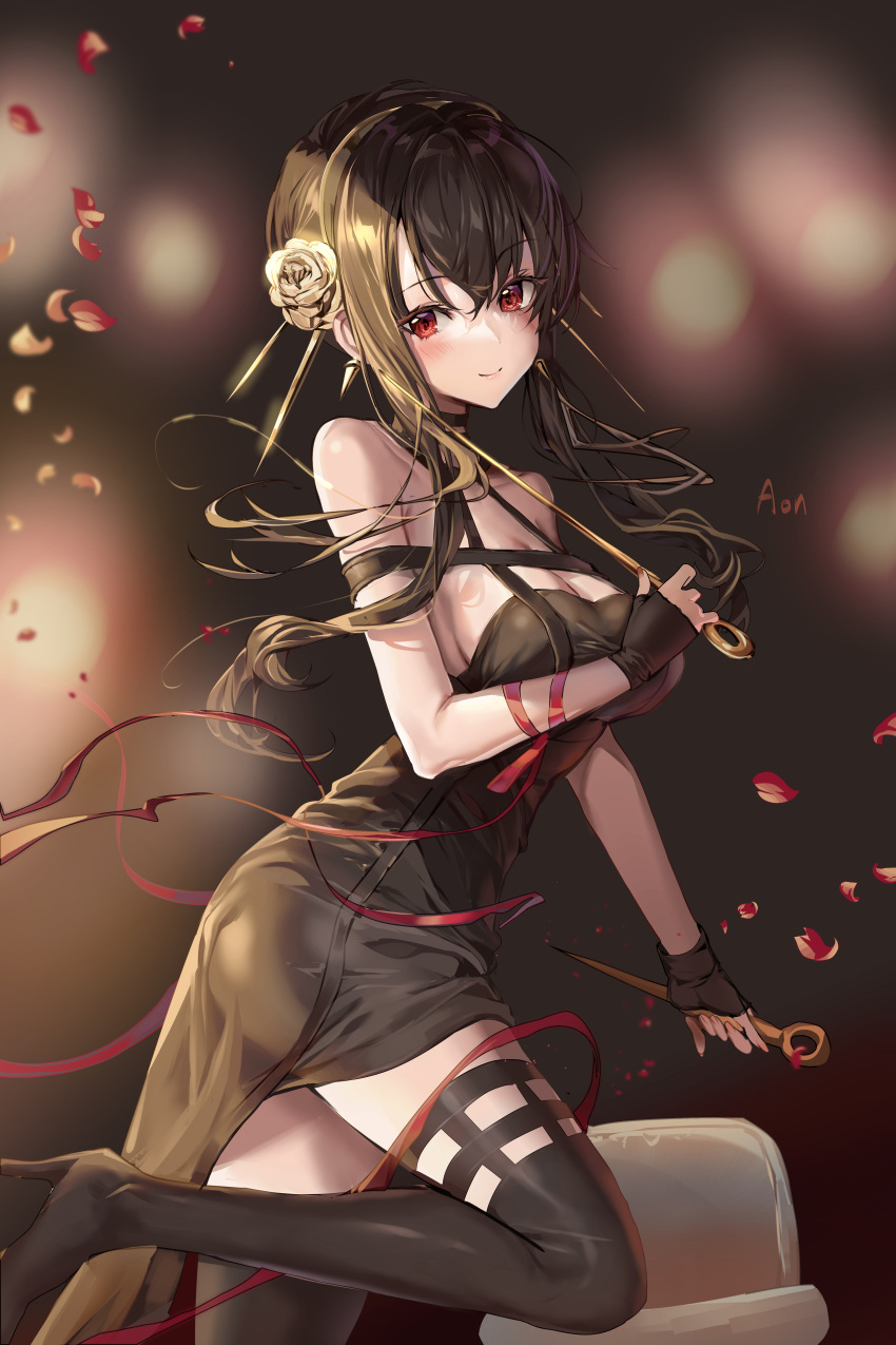 1girl a_(sofi3103) absurdres artist_name bad_id bad_pixiv_id bangs black_dress black_gloves black_hair black_legwear blush boots breasts closed_mouth dagger dress dual_wielding earrings eyebrows_visible_through_hair falling_petals fingerless_gloves floating_hair from_side gloves gold gold_earrings gold_hairband highres holding holding_dagger holding_weapon jewelry knee_up knife large_breasts long_hair looking_at_viewer petals red_eyes rose_hair_ornament sidelocks smile solo spikes spy_x_family thigh-highs thigh_boots weapon yor_briar zettai_ryouiki