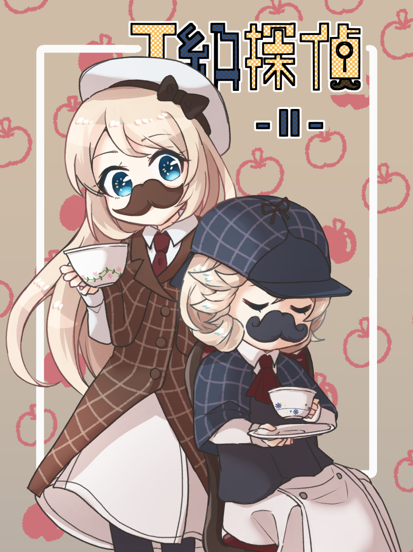 2girls absurdres ane_hoshimaru blonde_hair blue_eyes blue_headwear brown_headwear commentary_request cover cowboy_shot cup deerstalker detective dress fake_facial_hair fake_mustache hat highres janus_(kancolle) jervis_(kancolle) kantai_collection long_hair multiple_girls short_hair sitting standing teacup trench_coat white_dress