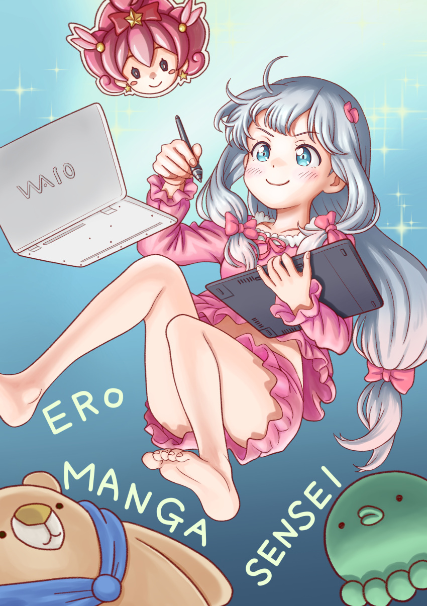 1girl absurdres bangs bare_legs barefoot blue_background blue_hair blush bow collarbone computer copyright_name drawing_tablet eromanga_sensei gradient gradient_background hair_bow highres holding holding_stylus izumi_sagiri laptop long_hair low_tied_hair mask mask_removed pajamas pink_bow pink_pajamas silver_hair smile soles solo stuffed_animal stuffed_octopus stuffed_toy stylus tablet_pc teddy_bear toes very_long_hair yachiyo_naga