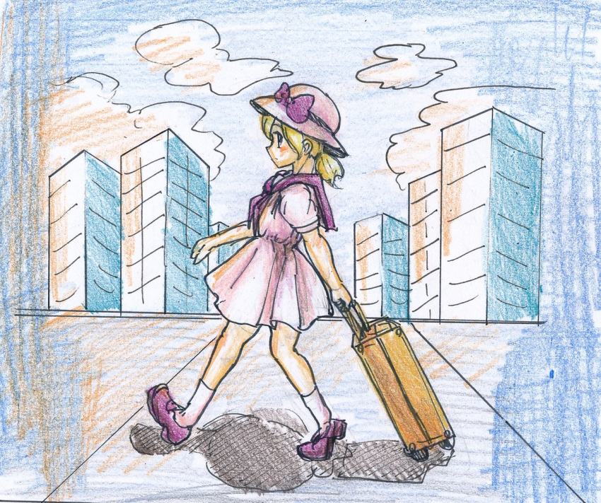 1980s_(style) 1girl bad_id bad_twitter_id blonde_hair briefcase building commentary_request dress graphite_(medium) hat loafers louise_(touhou) low_twintails neckerchief outdoors purple_footwear purple_neckerchief purple_sailor_collar retro_artstyle rolling_suitcase sailor_collar shirt shoes sketch skyscraper suitcase sun_hat takemoto_izumi_(style) touhou touhou_(pc-98) traditional_media twintails walking white_dress white_headwear yatyou