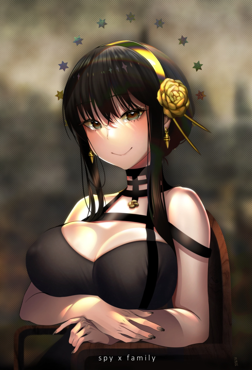 1girl alcoholrang bangs black_dress blush breasts dress gold_hairband highres large_breasts long_hair looking_at_viewer rose_hair_ornament smile solo spy_x_family yor_briar