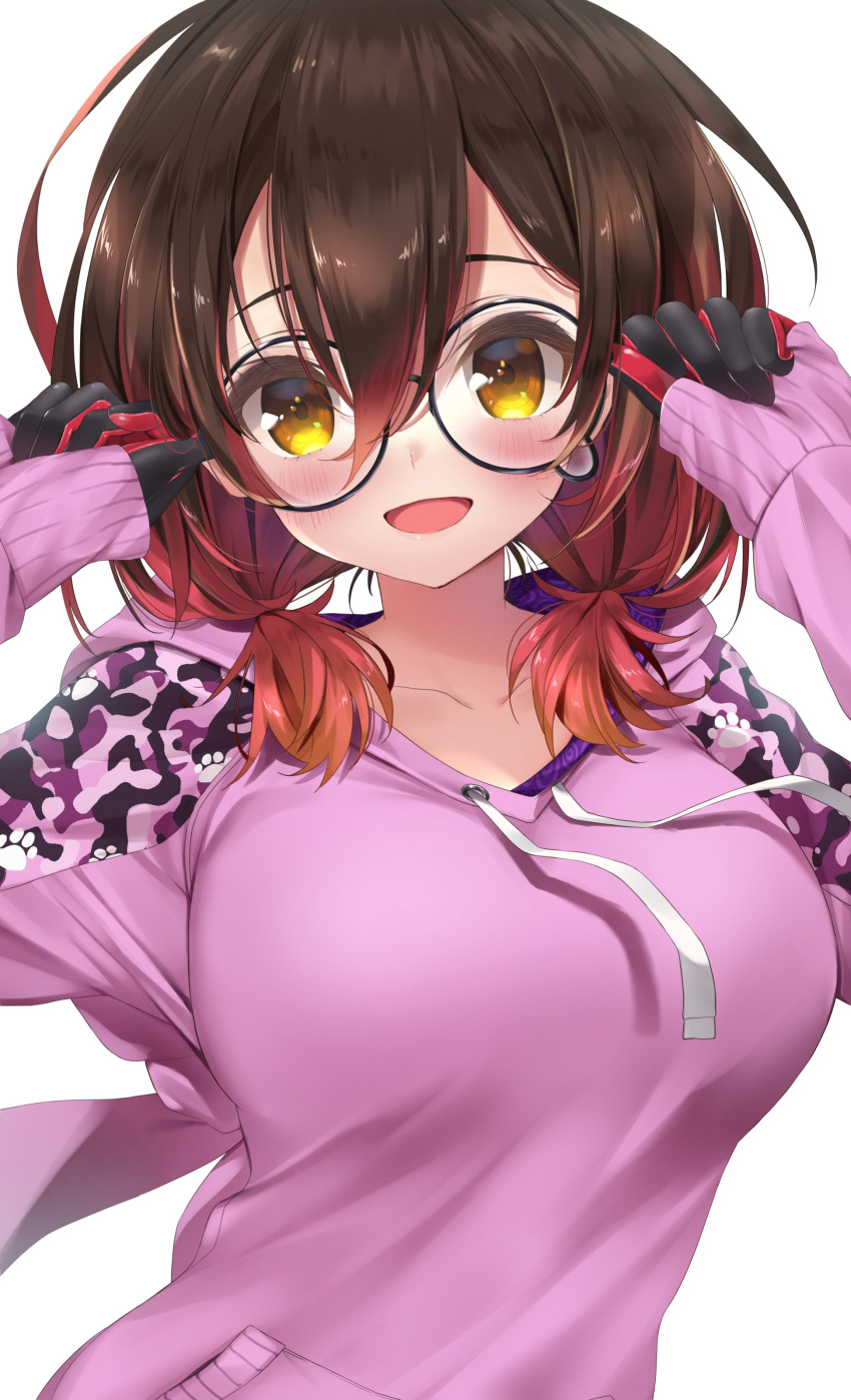 1girl :d absurdres bangs black_gloves blush breasts brown_hair glasses gloves gradient_hair hair_between_eyes hands_up highres hololive hood hoodie large_breasts long_hair long_sleeves makinan medium_hair multicolored_hair pink_hoodie redhead roboco-san round_eyewear short_twintails simple_background sleeves_past_wrists smile solo twintails upper_body virtual_youtuber white_background yellow_eyes