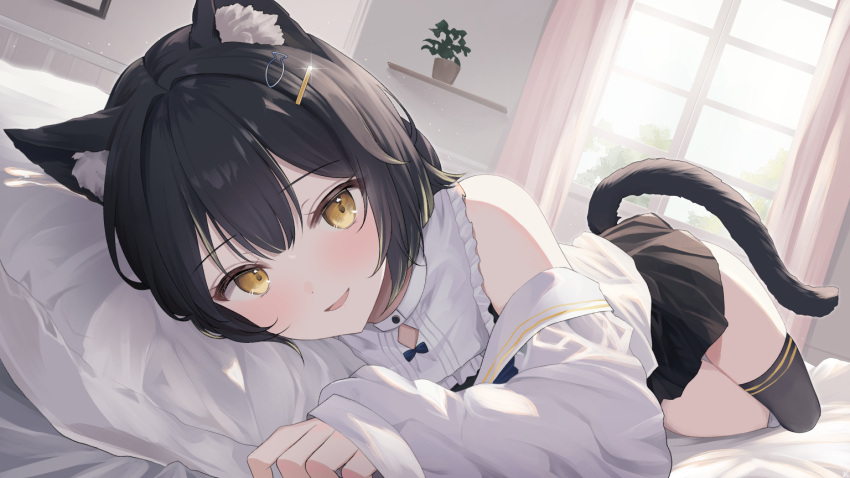 1girl animal_ear_fluff animal_ears black_hair black_skirt black_thighhighs blush cat_ears cat_tail commentary commission curtains day detached_sleeves dutch_angle fish_hair_ornament foreshortening hair_ornament hairclip indie_virtual_youtuber indoors kurage_cc looking_at_viewer lying miniskirt nekota_shizuku on_bed on_side parted_lips pillow plant potted_plant shirt single_bare_shoulder single_thighhigh skeb_commission skirt sleeves_past_wrists smile solo sunlight tail tareme thigh-highs virtual_youtuber white_shirt window yellow_eyes