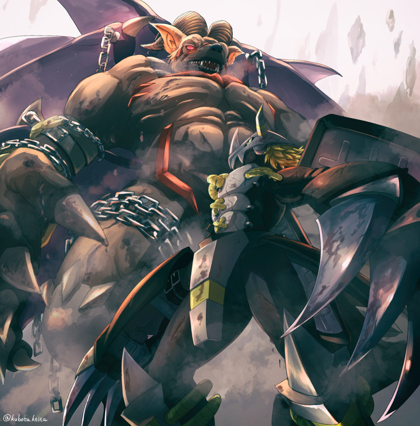 armor artist_name belphemon blackwargreymon blonde_hair chain claws commentary digimon digimon_(creature) fangs feet_out_of_frame from_below helm helmet highres horns kubota_keita looking_at_another looking_up monster muscular open_mouth red_eyes sharp_teeth short_hair size_difference teeth wings yellow_eyes
