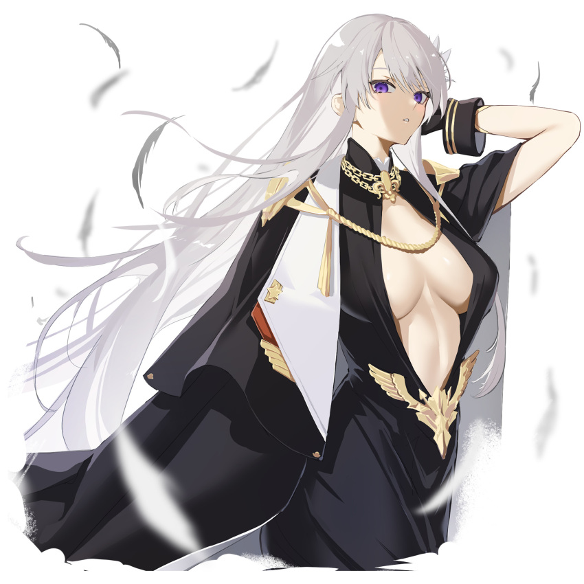 1girl azur_lane bangs breasts clothing_request enterprise_(azur_lane) enterprise_(heroic_finery)_(azur_lane) hand_in_own_hair highres large_breasts long_hair looking_at_viewer marumai official_alternate_costume open_clothes plunging_neckline solo violet_eyes white_background white_hair