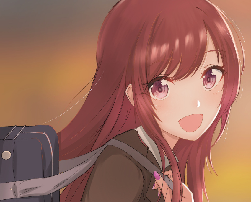 1girl :d bag highres idolmaster idolmaster_shiny_colors looking_at_viewer looking_to_the_side nail_polish oosaki_amana red_eyes redhead school_bag school_uniform smile solo straight_hair tadano_hitonari_(vpek3573)