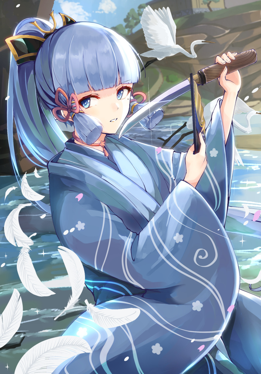 1girl bangs blue_eyes blue_hair blue_kimono blunt_bangs commentary_request day ekusera eyebrows_visible_through_hair feathers folding_fan genshin_impact hand_fan hands_up high_ponytail highres holding holding_fan holding_sword holding_weapon japanese_clothes kamisato_ayaka kimono long_hair long_sleeves looking_at_viewer outdoors parted_lips petals ponytail short_sword sidelocks solo sword tantou v-shaped_eyebrows water weapon white_feathers wide_sleeves
