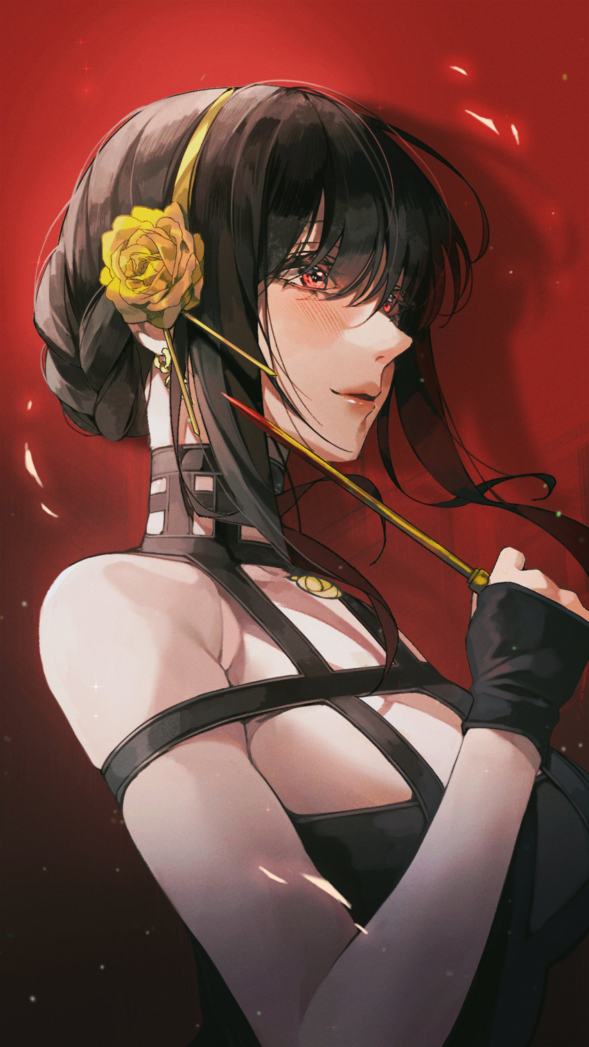 1girl absurdres bangs bare_shoulders black_dress blush breasts dress earrings gold_earrings gold_hairband highres immi_immi jewelry large_breasts needle red_background red_eyes rose_hair_ornament single_sidelock spy_x_family yor_briar