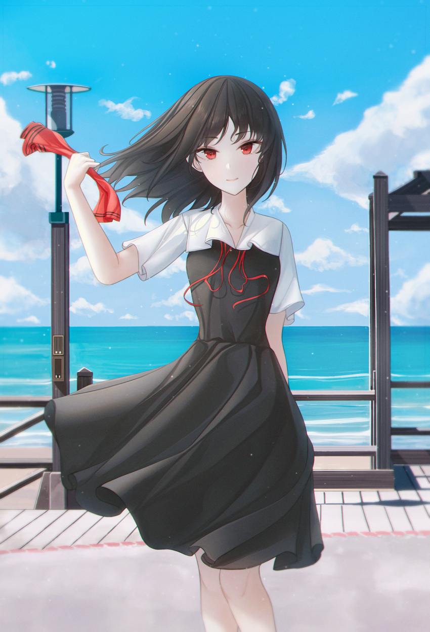 1girl bangs black_dress black_hair blue_sky clouds collarbone commentary_request day dress eyebrows_visible_through_hair feet_out_of_frame hair_ribbon highres kaguya-sama_wa_kokurasetai_~tensai-tachi_no_renai_zunousen~ looking_at_viewer no_hair_ornament ocean outdoors pinafore_dress red_eyes red_ribbon ribbon shinomiya_kaguya short_sleeves shuuchiin_academy_uniform sky smile solo summer_uniform untied_ribbon youngsok