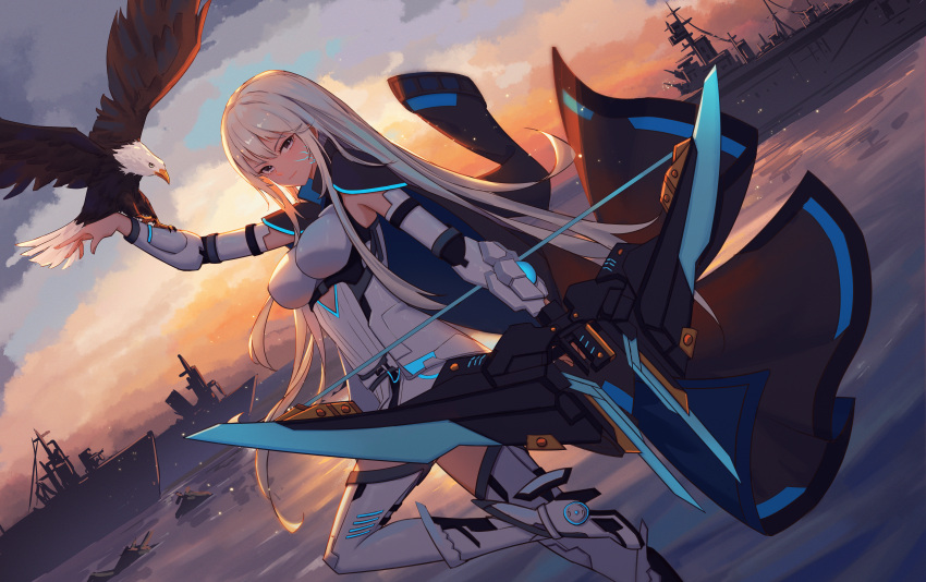1girl absurdres azur_lane bald_eagle bird bow_(weapon) breasts coat eagle enterprise_(azur_lane) grim_(azur_lane) highres holding holding_bow_(weapon) holding_weapon large_breasts long_hair looking_at_viewer mecha_musume open_clothes open_coat silver_hair smile solo standing standing_on_one_leg very_long_hair violet_eyes weapon xiaoli_(1507)