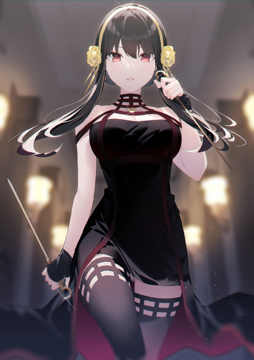 1girl bare_shoulders black_dress black_hair breasts dagger dress earrings gold_earrings gold_hairband hakuishi_aoi highres holding holding_dagger holding_weapon jewelry knife large_breasts long_hair rose_hair_ornament solo spy_x_family weapon yor_briar