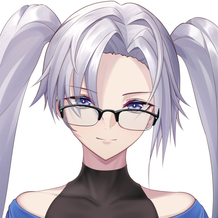 1girl bare_shoulders blue_eyes bodystocking chinese_commentary closed_mouth collarbone constantine-xii eyebrows_visible_through_hair glasses highres long_hair looking_at_viewer nose original silver_hair solo twintails upper_body white_background
